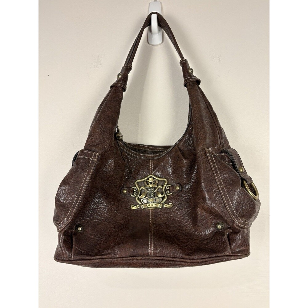 Kathy Van Zeeland Brown Pebbled Shoulder Bag Gold Crown Charm Pockets Classic